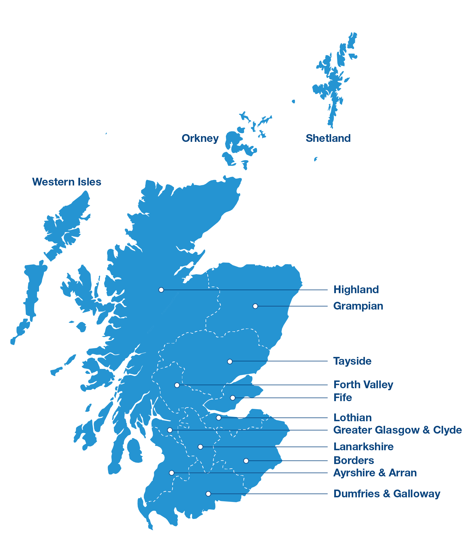 Map of Scotland split into labelled NHS health board areas
